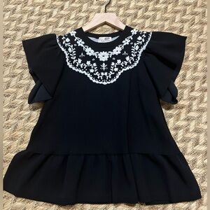 RED Valentino Top - Women's Medium Black - Peplum Embroidered Floral Luxury